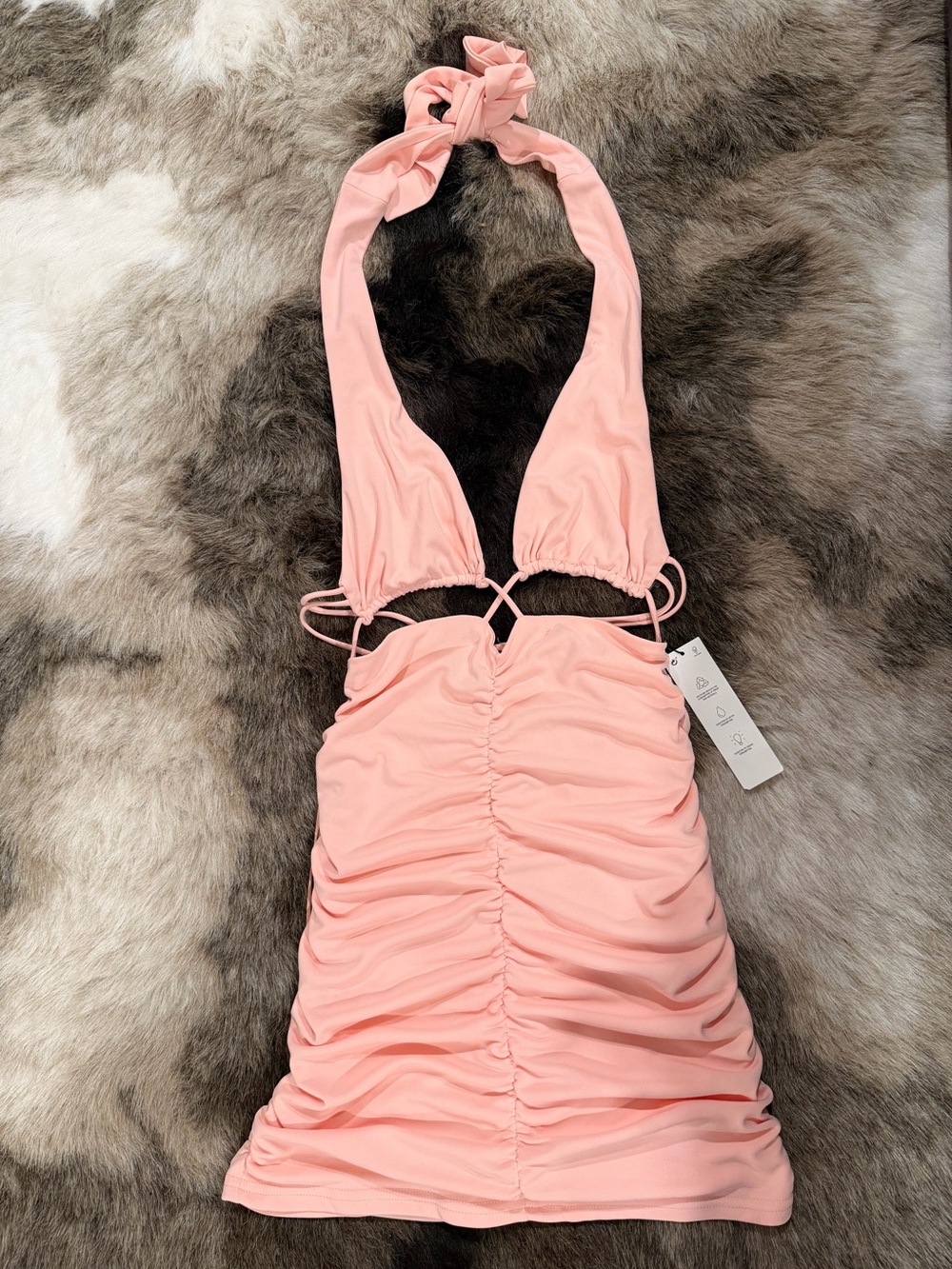 NWT Zara Peach Pink Ruched Bodycon Halter Mini Dress Medium cut-out ties new